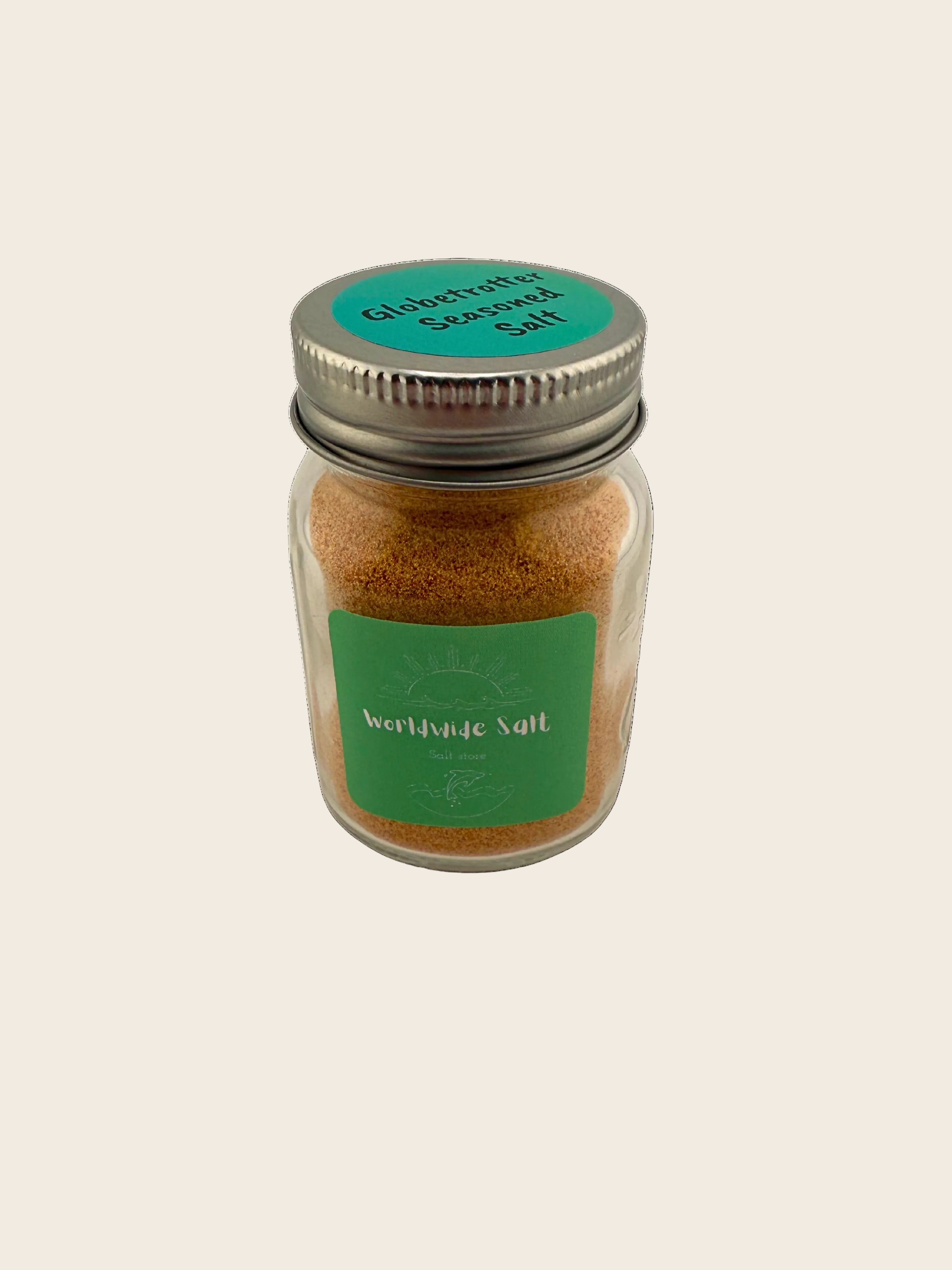 Jar of Worldwide Salt with a green label on a white background